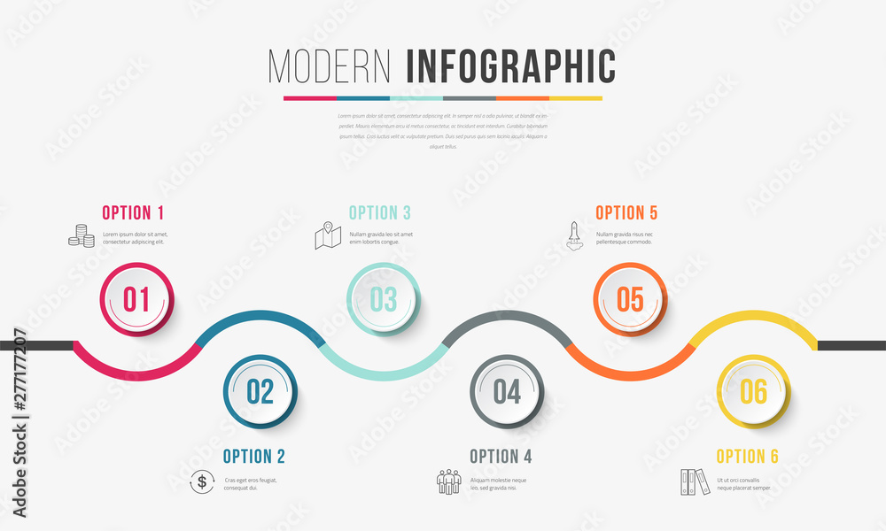 Poster business infographics timeline design template with icons and 6 steps. can be used for workflow layo