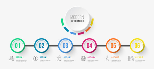 Business infographics timeline design template with icons and 6 steps. Can be used for workflow layout, diagram, annual report, web design