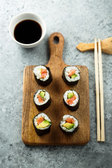 Homemade salmon avocado sushi rolls