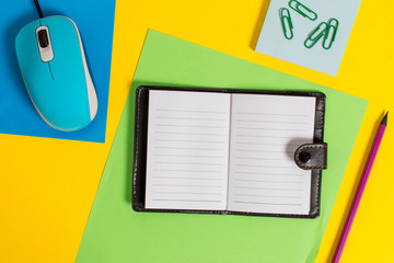 Locked diary striped sheets marker clips notepad mouse colored background