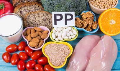 Nutritious ingredients and products containing vitamin B3 (PP, niacin) and other natural minerals, concept of healthy lifestyle and nutrition.