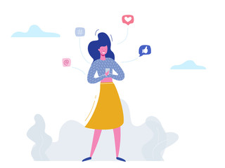 Vector concept woman character chatting on phone in social media, network bubbles. Illustration design for web banner, marketing material, business presentation, online advertising