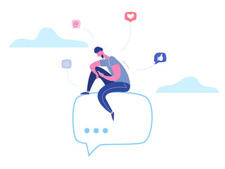 Vector concept man character chatting on phone in social media, network bubbles. Illustration design for web banner, marketing material, business presentation, online advertising