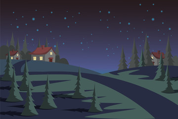 Countryside at night flat vector illustration