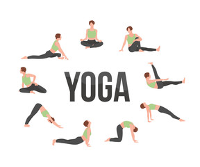 Female yoga master vector characters set isolated on white background