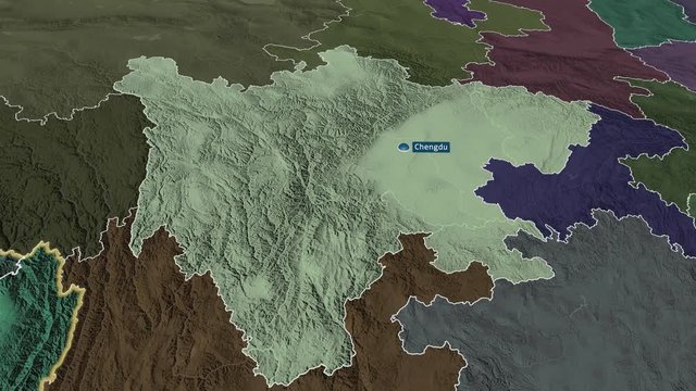 Sichuan - province of China with its capital zoomed on the administrative map of the globe. Animation 3D