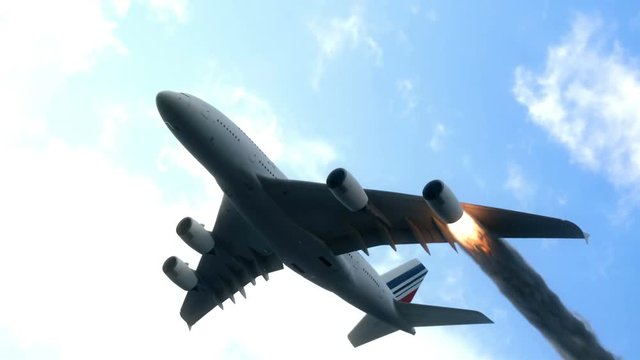 The engine of the aircraft caught fire and burns with the release of black smoke. Cinematic 3D animation.