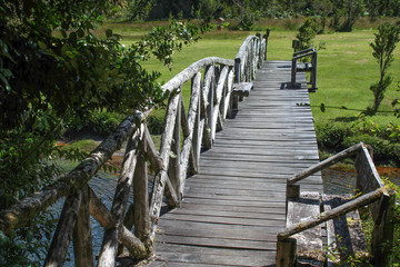 old wooden bridge at Carretera Austral, Porto Puyuhuapi in Patagonia