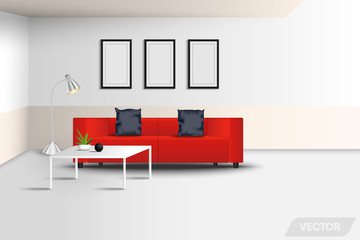 Realistic Architecture of Modern Interior Living Room and Decorative Furniture Design, Luxury Red Couch, Photos Frame, Ceramic Vase, Lamp, Table Deck., Vector 3D Idea Creative Design, Illustration