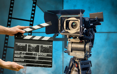 Clapperboard on cinema camera background