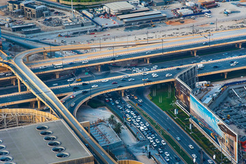 Dubai, United Arab Emirates - July 5, 2019: Roads and streets of Dubai downtown leading to Dubai mall parking