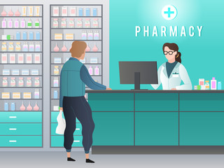 Fototapeta na wymiar Drugstore. Pharmacy with pharmacist, customer with prescription buys medicine in medical shop. Pharmaceutical retail vector concept