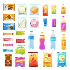 Poster Vending products. Beverages and snack plastic package, fast food snack packs, biscuit sandwich. Drinks water juice flat vector icons © YummyBuum