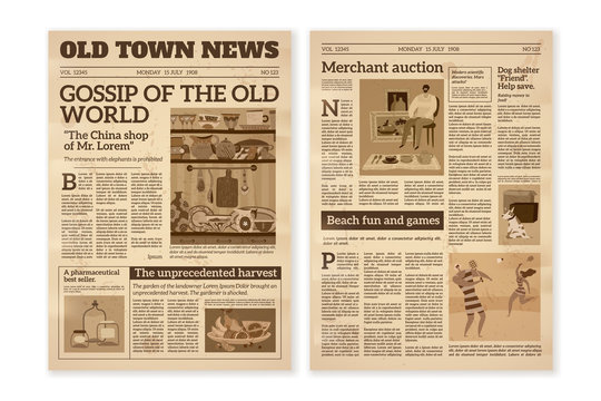 Retro newspaper. Daily news articles yellow newsprint old magazine. Media newspaper pages. Vintage paper journal vector background