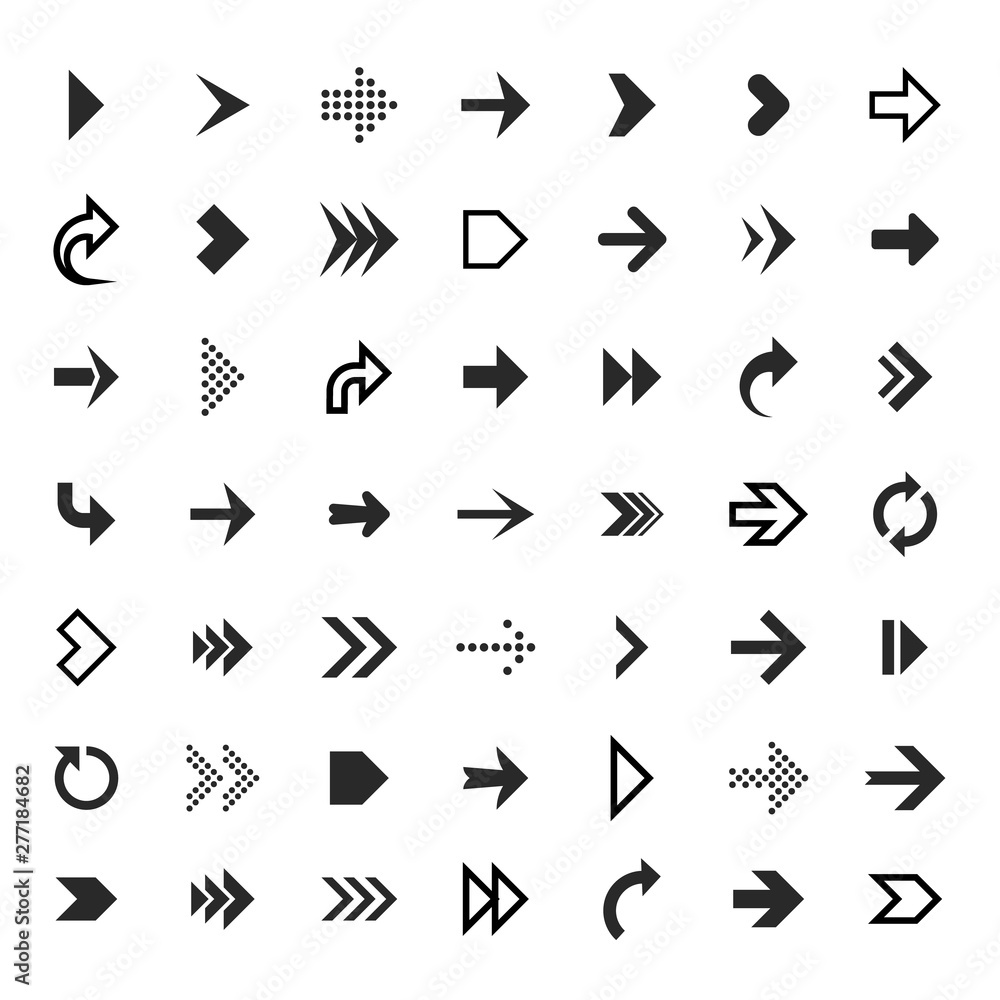 Poster arrows collection. black arrow direction signs forward and down for navigation or web download butto