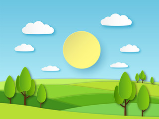 Fototapeta na wymiar Paper summer landscape. Panoramic green field with trees and blue sky with white clouds. Layered papercut ecology vector 3d concept