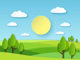 Fotobehang Paper summer landscape. Panoramic green field with trees and blue sky with white clouds. Layered papercut ecology vector 3d concept © YummyBuum