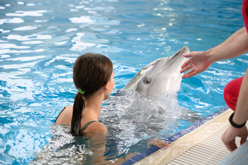 young beautiful brunette woman in a swimsuit swims and plays with a funny cute sea dolphin. Emotional rest in the water park. positive emotions, communication with marine mammals