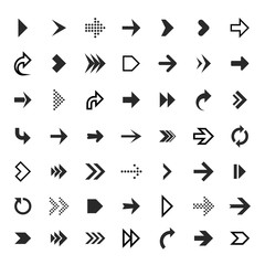 Arrows collection. Black arrow direction signs forward and down for navigation or web download button isolated vector symbols - obrazy, fototapety, plakaty