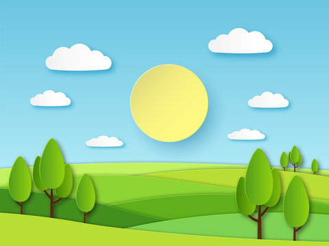 Paper summer landscape. Panoramic green field with trees and blue sky with white clouds. Layered papercut ecology vector 3d concept