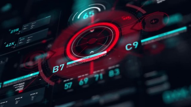 Target pointer and Futuristic user interface HUD GUI digital text number element for cyber technology concept with shallow depth of field dark and grain processed
