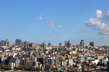 Istanbul, Turkey - 03.24.2009: View of the Galata Tower from the observation deck of the Suleymaniye Mosque.