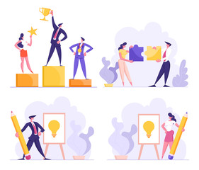 Business Leadership, Teamwork, Creative Idea Presentation Set. Office People, Businessman and Businesswoman Cooperation, Challenge, Working Process, Winner on Pedestal Cartoon Flat Vector Illustration