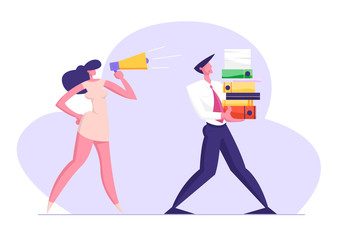 Businesswoman Shouting in Megaphone on Office Employee Carrying Huge Pile of Documentation Folders. Deadline, Boss, Company Leader Hurry Worker with Job, Overwork Character Flat Vector Illustration