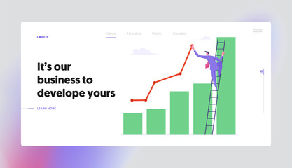 Business Man Stand on Ladder Lean to Column Chart Paint Growing Curve Line. Businessman Work on Financial Profit Statistic Website Landing Page Set, Web Page. Cartoon Flat Vector Illustration, Banner