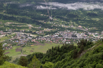 View of the village of Mestia from the observation point "Cross" in the Upper Svaneti region, Georgia.