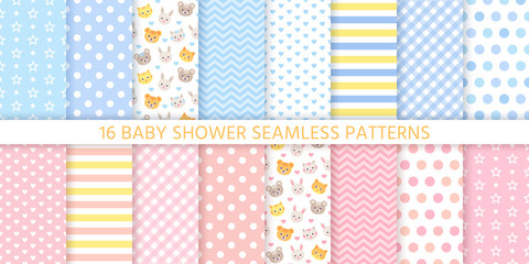 Baby pattern. Baby shower boy girl seamless background. Vector. Blue pink childish textile print. Cute pastel texture for invitation, invite template, card, birth party, scrapbook. Flat illustration.