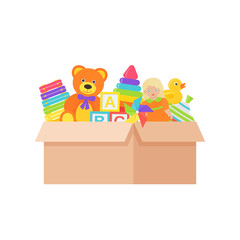 Baby toys in box. Vector. Kids toy on white background. Set baby stuff isolated in cardboard container. Colorful cartoon illustration. Cute children color icons in flat design.