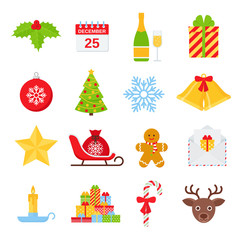 Christmas icons. Vector. Winter icon set. Christmas decorations in flat design isolated on white background. Cartoon colorful illustration. Collection holiday red green symbols.