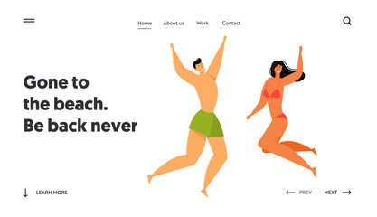 Naklejka premium Happy People Characters Jumping with Hands Up, Beach Party. Man in Swimming Shorts and Woman in Bikini Fun on Summer Vacation, Website Landing Page, Web Page. Cartoon Flat Vector Illustration, Banner