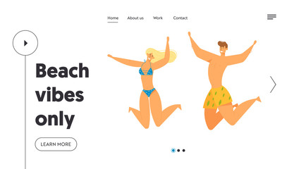 Happy People in Swimming Suits Jumping with Hands Up, Celebrating Beach Party. Man and Woman Having Fun on Summer Vacation, Website Landing Page, Web Page. Cartoon Flat Vector Illustration, Banner