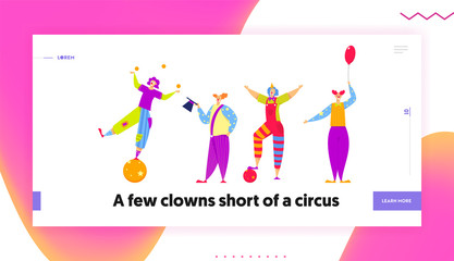 Funny Characters in Costumes for Circus Show or Entertainment. Clowns, Animators in Clown Suit, Curly Ginger Wig and Red Nose. Website Landing Page, Web Page. Cartoon Flat Vector Illustration, Banner