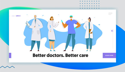Hospital Healthcare Staff, Doctors, Surgeon Character in Uniform, Nurse Holding Notebook, Clinic, Medicine Profession Occupation Website Landing Page, Web Page. Cartoon Flat Vector Illustration Banner
