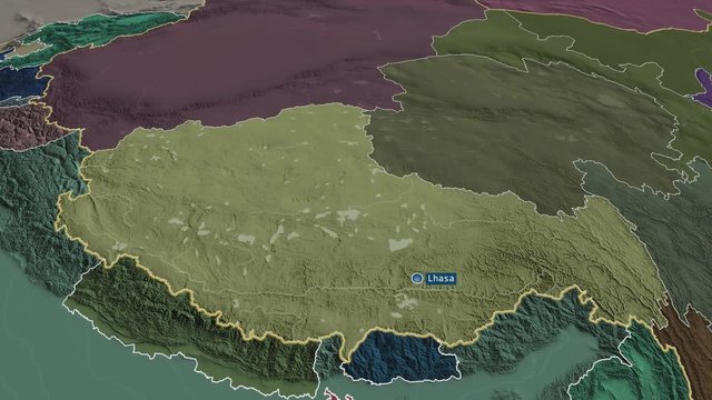 Xizang - autonomous region of China with its capital zoomed on the administrative map of the globe. Animation 3D
