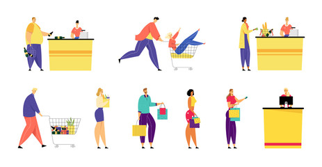 Fototapeta na wymiar Customers Stand in Queue in Supermarket and Grocery with Goods in Shopping Paper Bags and Trolley at Cashier Desk Paying for Purchases Credit Cards. Sale, Consumerism. Cartoon Flat Vector Illustration