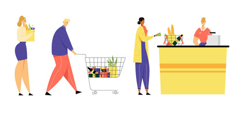 Customers Stand in Line at Grocery or Supermarket Turn with Goods in Shopping Trolley Put Buys on Cashier Desk for Paying, Purchases, Sale, Consumerism, Queue in Store Cartoon Flat Vector Illustration