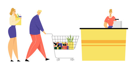 Customers with Food in Queue at Cashier Desk with Cashier Assistant at Grocery Store or Supermarket. Male and Female Characters with Shopping Baskets in Line at Shop. Cartoon Flat Vector Illustration