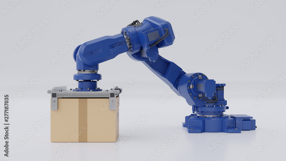 Poster robotic arm with cardboard box isolated on white background.3d rendering