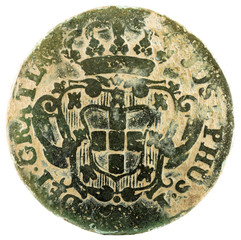 Ancient copper coin of Portugal. 10 reis of of King Jose I. 1765. Obverse.