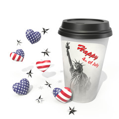coffee mug with statue of liberty and hearts with american flag