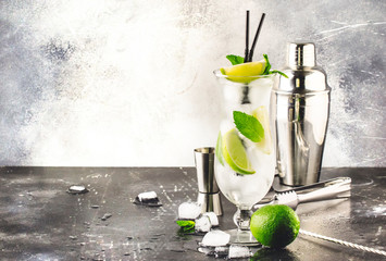 Lime caipirinha, classic Brazilian alcoholic cocktail with cane vodka cachasa, sugar syrup, lime...