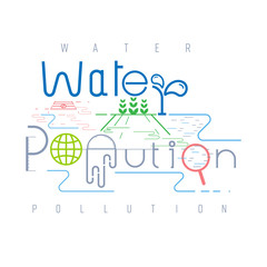 Water pollution typographic design. Pictorial symbol. Storm drain and wastewater causing water pollution presented in pictorial form. Vector illustration outline flat design style.