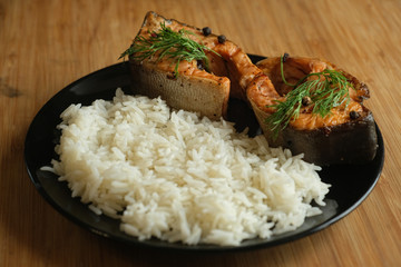 Salmon stake with boiled rise