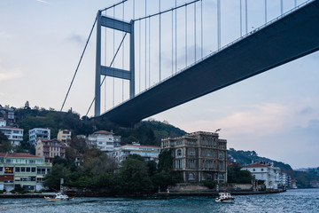 Fototapeta na wymiar Fatih Sultan Mehmet bridge (Second Bosphorus Bridge) and the Zeki Pasha Mansion, Istanbul, Turkey