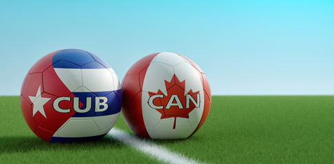 Canada vs. Cuba Soccer Match - Soccer balls in Cuba and Canada national colors on a soccer field. Copy space on the right side - 3D Rendering 