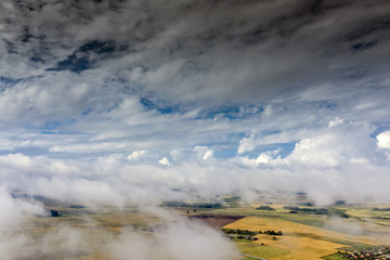 Cloudy and misty morning in latvian countryside.